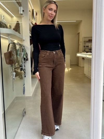 Wide leg denim παντελόνι καφέ